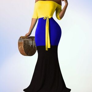 Elegant Yellow, Blue, and Black Off-Shoulder Dress
